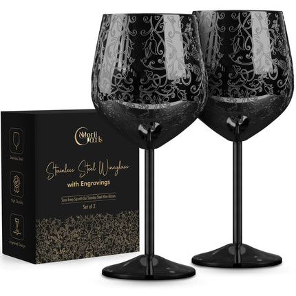 Morii Goods Stainless Steel Wine Glasses - Set of 2 Etched Wine Glasses Unbreakable Black Wine Glasses for Travel Camping and Pool Fancy Wine Glasses for Women and Men - Lamarshop1