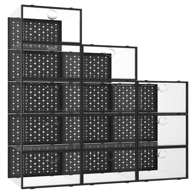 Pinkpum Large 12 Pack Shoe Storage Boxes Shoe Organizer for Closet clear Plastic Stackable Shoe Dispaly Case Bins Holder Sneaker Storage Black