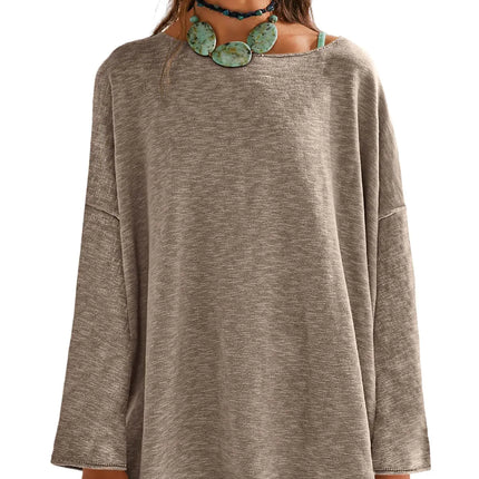 Tankaneo Fall Womens Long Sleeve Shirts Oversized Lightweight Sweaters Crewneck Side Slit Hem Casual Blouse Tunic Tops Khaki - Lamarshop1