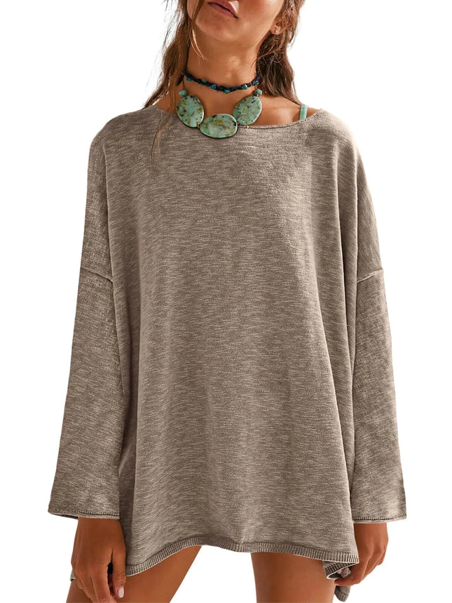 Tankaneo Fall Womens Long Sleeve Shirts Oversized Lightweight Sweaters Crewneck Side Slit Hem Casual Blouse Tunic Tops Khaki - Lamarshop1