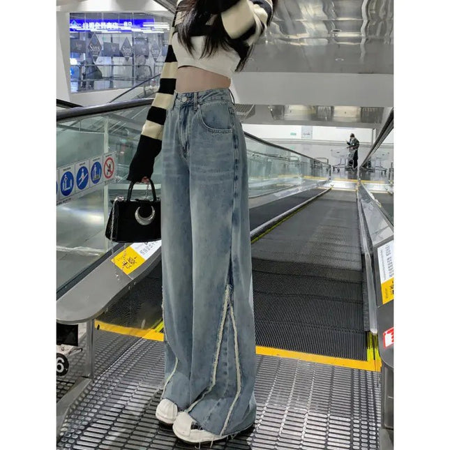 Double-layer Wide Leg Jeans with Side Zipper for Women