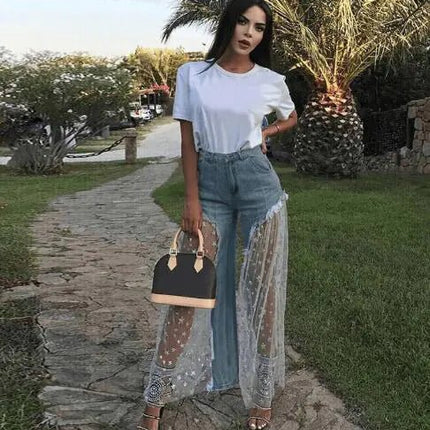 Star Mesh Patchwork Wide Leg Jeans with Frayed Detail