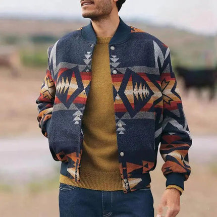 Geometric Pattern Stand Collar Cardigan Jacket - Lamarshop1