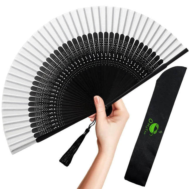 OMyTea Folding Hand Fan for Women - Foldable Vintage Bamboo Silk Fan - for Hot Flash Church Decoration EDM Music Festival Dance Party Performance Gift (Sexy Black - White) - Lamarshop1