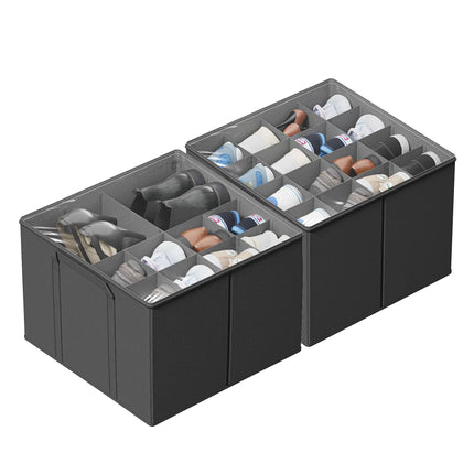 SUOCO 2 Pack Shoe Organizer for Closet Fits up to 32 Pairs Small Space Shoe Storage Boxes Bins Containers w/Adjustable Dividers and Clear Top Grey