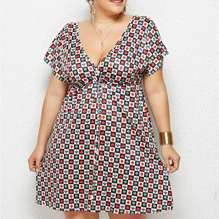 Printed Deep V-Neck Dress with Elastic Waist