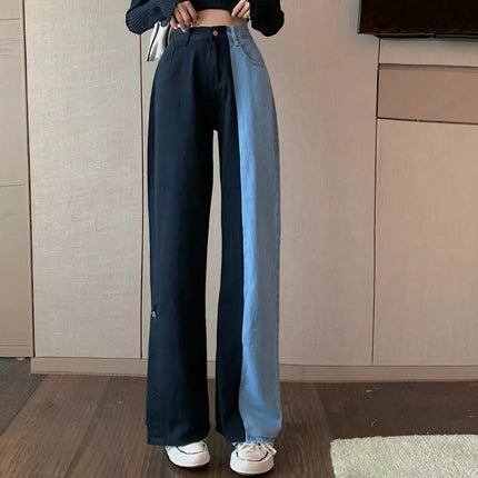Color Block High-Waisted Split Wide-Leg Jeans for Women