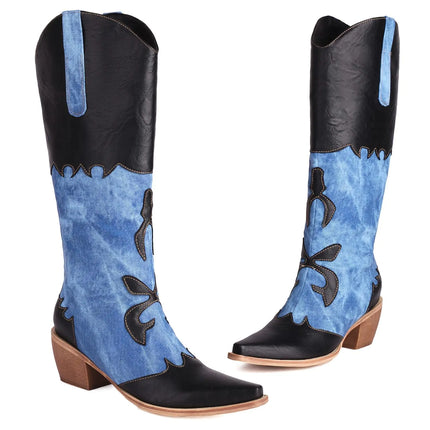 Cozivwaiy Women Denim Cowboy Boots Patchwork Knee High Boots Colorblock Western Cowgirl Mid Calf Jeans Shoes Pointed Toe Chunky Heel Pull On Black 9.5 - Lamarshop1