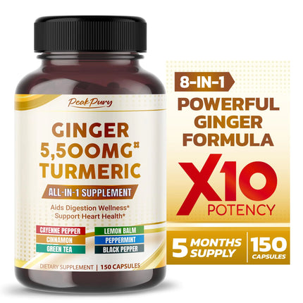 Ultra Ginger 5500mg & Turmeric 1000mg– Aids Digestion & Supports Heart Health – Includes Cayenne Pepper Lemon Balm Cinnamon Peppermint Green Tea - Made in The USA - 150 Capsules - Lamarshop1