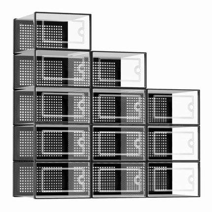 Kuject Large Shoe Organizers Storage Boxes for Closet 12 Pack Clear Plastic Stackable Storage Bins with Lids Under Bed Shoe Containers for Entryway Drop Front Fit up to Womens Size 10Black