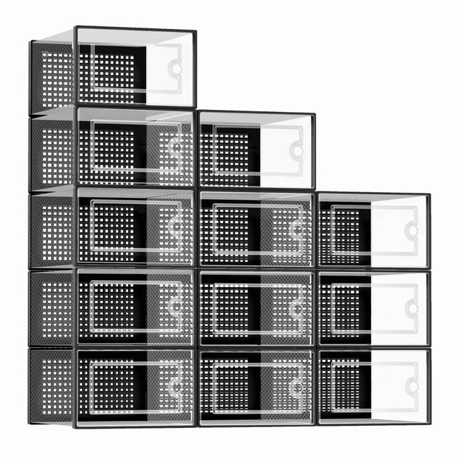 Kuject Large Shoe Organizers Storage Boxes for Closet 12 Pack Clear Plastic Stackable Storage Bins with Lids Under Bed Shoe Containers for Entryway Drop Front Fit up to Womens Size 10Black