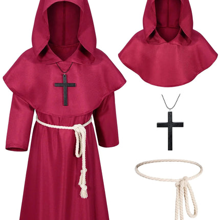 Kids Medieval Renaissance Monk Costume Priest Friar Wizard Cloak Hooded Robe Cosplay Costume Belt Necklace Set(RD 110) - Lamarshop1