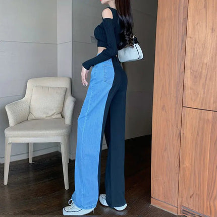 Color Block High-Waisted Split Wide-Leg Jeans for Women