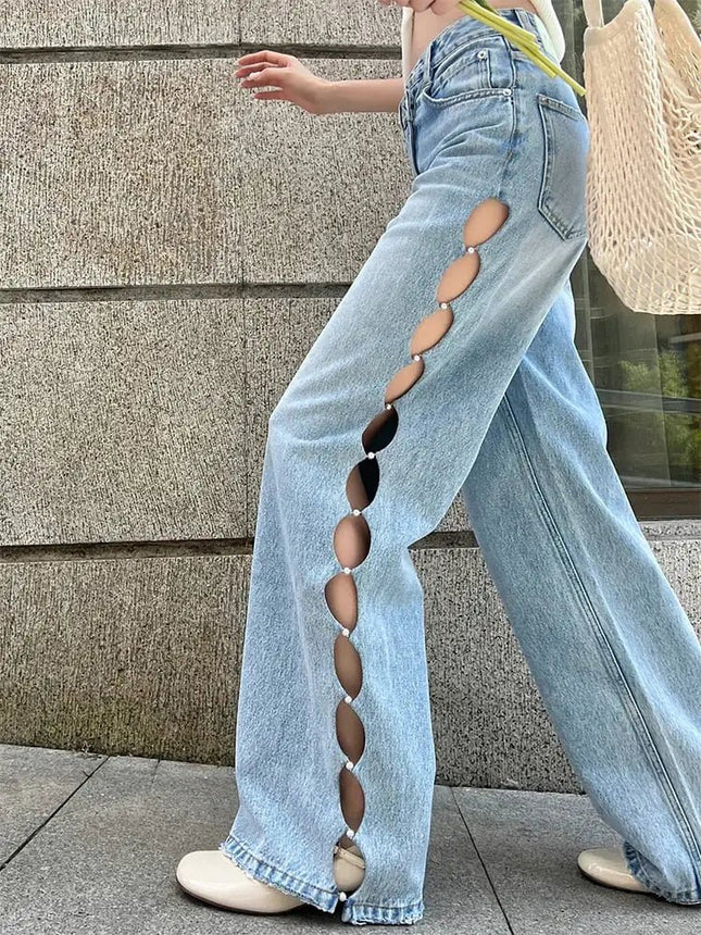 Blue Pearl Hollow Wide-leg Jeans for Women Summer