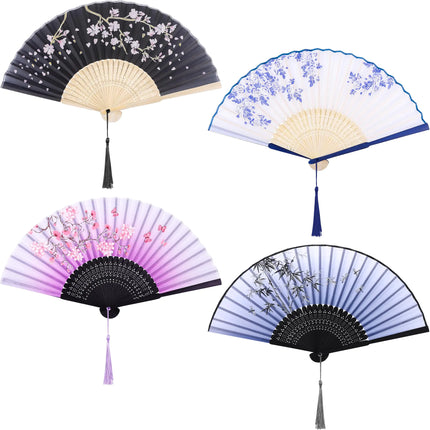 Aneco 4 Pieces Folding Fans Bamboo Handheld Fans Silk Fabric Fans Hand Holding Fans For Party Wedding Gifts Wall Decoration - Lamarshop1