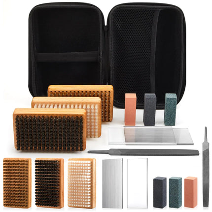 FoldTier 10 Pcs Ski and Snowboard Wax Kit Brush Kit Includes 1 Brass Brush 1 Horsehair Brush 1 Nylon Brush 1 Stainless Steel Scraper 1 Acrylic Scraper 1 Flat File 3 Gummy Stone and 1 Carry Bag