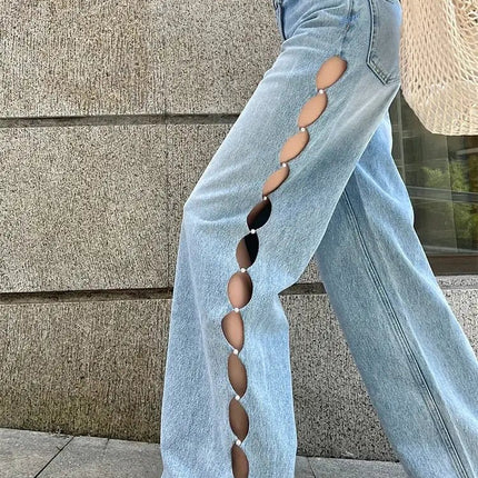 Blue Pearl Hollow Wide-leg Jeans for Women Summer
