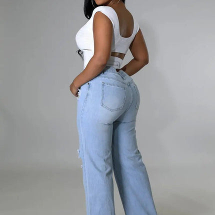 Women's Ripped Straight Boyfriend Denim Wide-Leg Jeans