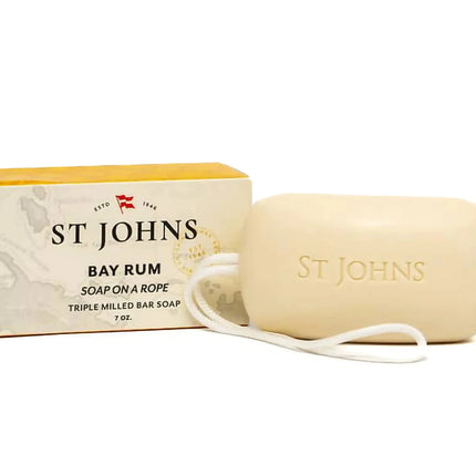 St. John Bay Rum Soap On A Rope | USA Made Triple-milled Mens Soap Bar | Hydrating Bar Soap for Men with Olive Oil & Glycerine | Luxury Body Soap Bar for men | (7 oz Bar)