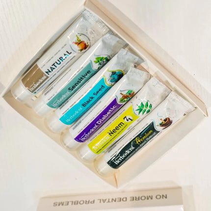 Amazing Toothpaste Minis - Travel Pack | Herbodent® Natural | Herbodent® Premium | Herbodent® Sensitive | Herbodent® Blackseed | Herbodent® Diabetic | Herbodent® NEEM 7 in 1 Toothpaste - 1 of Each - Lamarshop1
