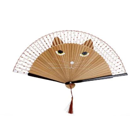 Hand - Painted Cat Folding Bamboo Fan with Lacquered Handle - Lamarshop1