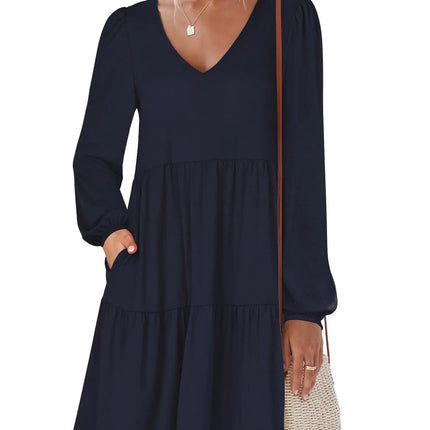 nclook Womens Casual Dress Long Sleeve V Neck Tiered Swing Flowy Loose A-Line Cute Mini Short Fall Dresses with Pockets Navy Blue