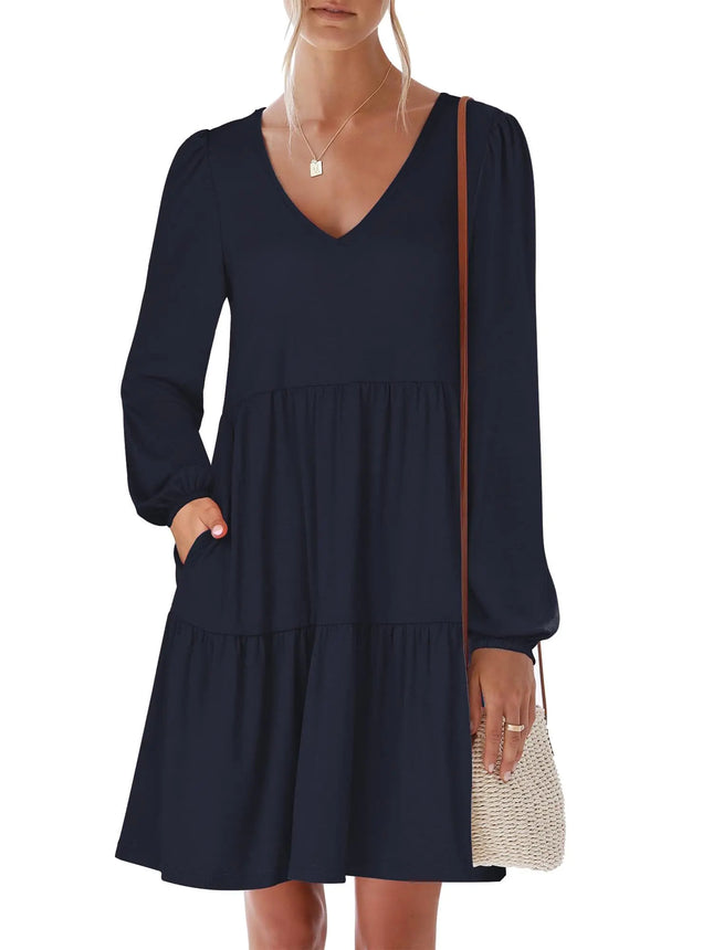 nclook Womens Casual Dress Long Sleeve V Neck Tiered Swing Flowy Loose A-Line Cute Mini Short Fall Dresses with Pockets Navy Blue