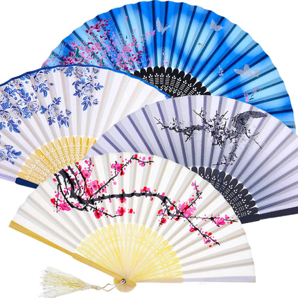 Zonon 4 Pack Handheld Floral Folding Fans Hand Held Fans Silk Bamboo Fans with Tassel Women Hollowed Hand Foldable Fan with Fabric Sleeve for Dancing Wedding Decoration Gifts(Adorable) - Lamarshop1