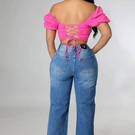 Women's Ripped Straight Boyfriend Denim Wide-Leg Jeans