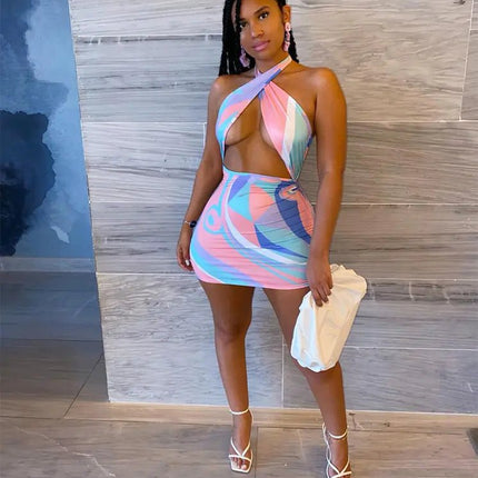 Sexy Rainbow Tie Dye Halter Bodycon Mini Dress for Women