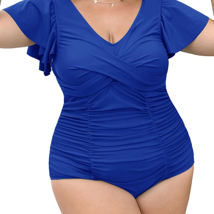 Curvtide Womens Plus Size Swim Romper Swimsuits One Piece Swim Suits Modest Tummy Control Ruffle Sleeves Bathing Suits (Blue1XL) - Lamarshop1