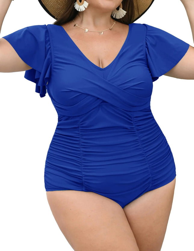 Curvtide Womens Plus Size Swim Romper Swimsuits One Piece Swim Suits Modest Tummy Control Ruffle Sleeves Bathing Suits (Blue1XL) - Lamarshop1
