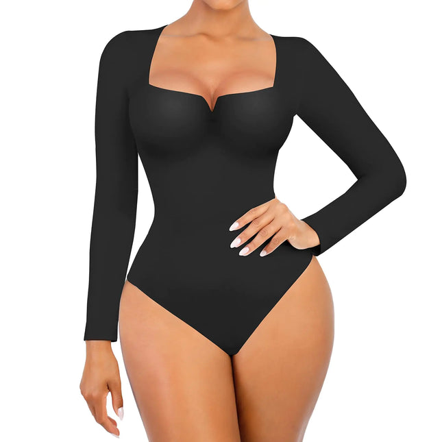 FeelinGirl Women Long Sleeve Bodysuit Square Neck Thong Black Tummy Contorl Bodysuit Casual Daily Shirt Going Out Tops Black L - Lamarshop1