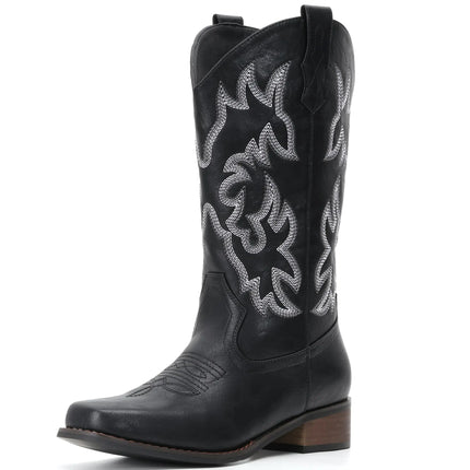 IUV Cowboy Boots For Women Square Toe Cowgirl Boots Mid Calf Western Boots Pull On Fashion Cowboy Boots - Lamarshop1