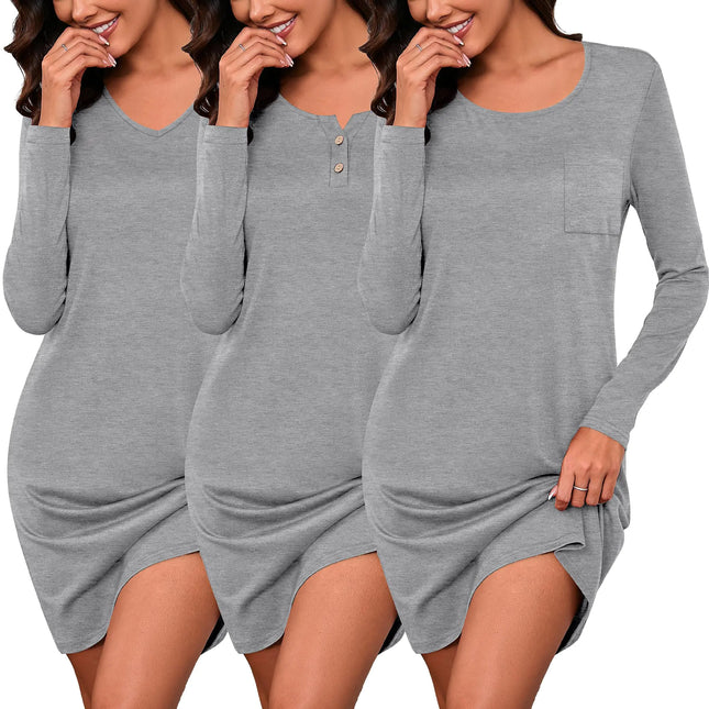 Huukeay 3 Pack Womens Nightgowns Long Sleeve V Neck Sleepshirt Dress Crewneck Nightshirt Henley Pajama Comfy Sleepwear (Dark GrayXXL) - Lamarshop1