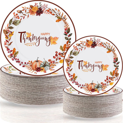 Havawish 120 Pcs Thanksgiving Fall Paper Plates 7 Inch and 9 Inch Autumn Harvest Disposable Dinner Paper Goods Fall Leaf Pumpkin Dinnerware Thanksgiving Party Supplies(Basic ColorHappy Thanksgiving) - Lamarshop1