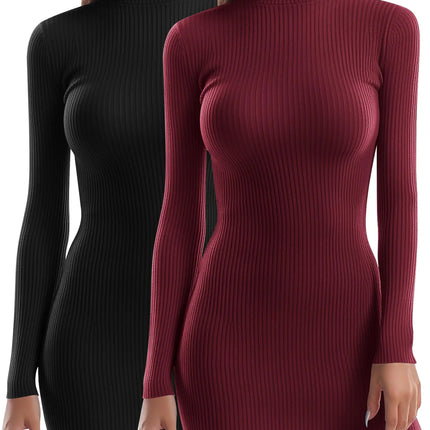 Riyiper 2 Pack Womens Mock Turtle Neck Ribbed Dresses Long Sleeve Knit Basic Casual Bodycon Mini Short Dress (Black Wine RedS) - Lamarshop1