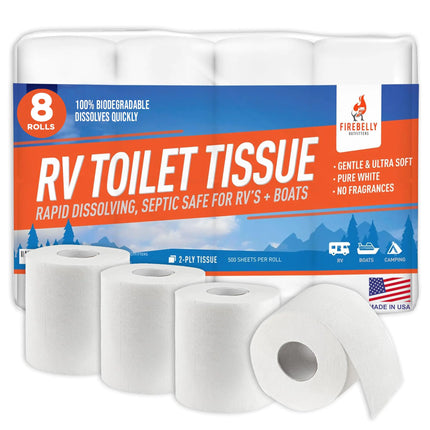 RV Toilet Paper Septic Tank Safe - MADE IN THE USA - 8 Rolls2 - Ply 500 Sheets - Fast Dissolve Bath Tissue for Camping Marine RV Holding Tanks Biodegradable - Firebelly Outfitters - Lamarshop1