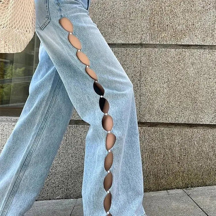 Blue Pearl Hollow Wide-leg Jeans for Women Summer