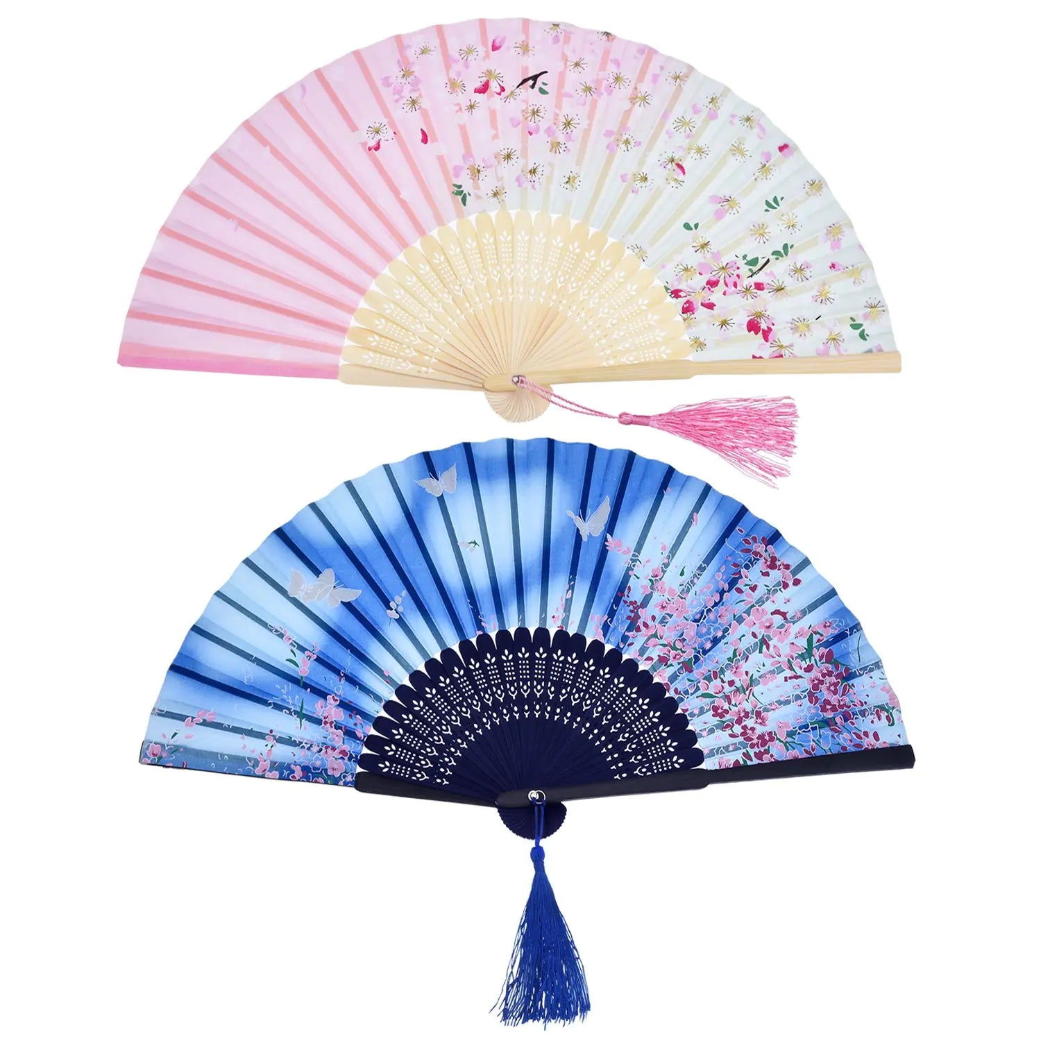 2 Pieces Folding Fans Handheld Fans Bamboo Fans with Tassel Womens Hollowed Bamboo Hand Holding Fans for Wall Decoration Gifts (Blue Butterfly and Pink Cherry Pattern)
