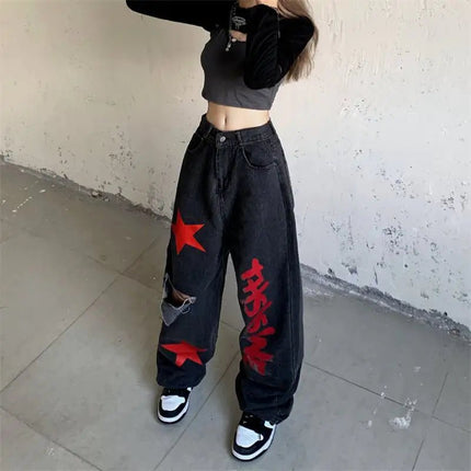 Vintage Stars Print Ripped Wide Leg Jeans