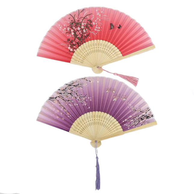 Bestage 2 Pieces Folding Hand Fan for Women Handheld Fans Vintage Bamboo Frames Silk Fans for Dancing Cosplay Wedding Party Props Decoration - Lamarshop1