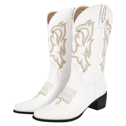 richealnini Western Boots Cowboy Cowgirl Boots with Block Heels Sexy Heels for Women Pull On Embroidered Wide Calf Boots Wedding Shoes White Size 9 - Lamarshop1
