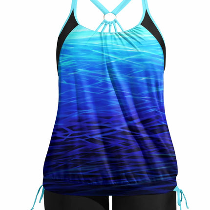 Holipick Blue Gradient Plus Size Tankini Swimsuits for Women Two Piece Tummy Control Bathing Suit Blouson Tankini Top with Shorts 18W - Lamarshop1