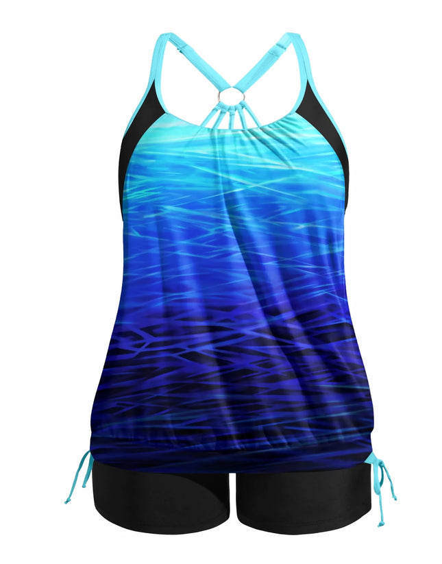 Holipick Blue Gradient Plus Size Tankini Swimsuits for Women Two Piece Tummy Control Bathing Suit Blouson Tankini Top with Shorts 18W - Lamarshop1