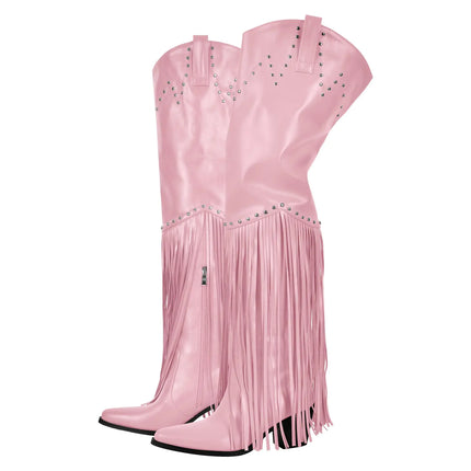 richealnini Womens Thigh High Boots with Tassels Western Cowboy Boots Zip Up Wide Calf Sock Booties Pull On Long Shaft Block Heels wtih Rivets Punk Riding Combat Motocycle Cowgirl Boots Pink Size 6 - Lamarshop1