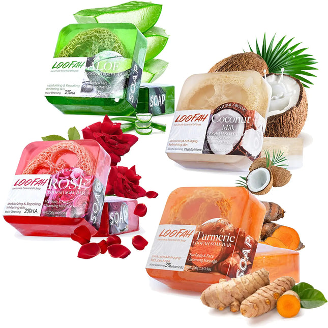 Dapoprren Natural Loofah Soap Bar 4PCSExfoliating Natural Soap with Loofah Inside-[TurmericAloeRoseCoconut Milk]Moisturizing Handmade Soap For Face and Body