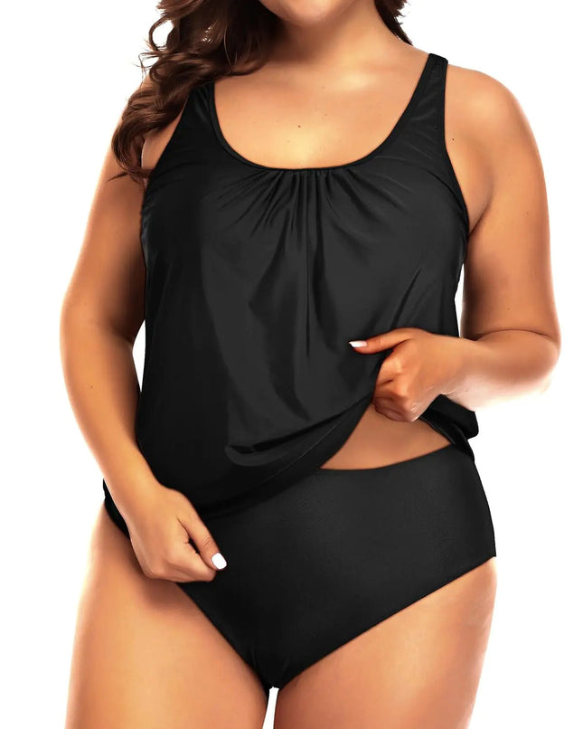 Yonique Plus Size Two Piece Swimsuit for Women Blouson Tankini Tummy Control Bathing Suit Black 16W - Lamarshop1
