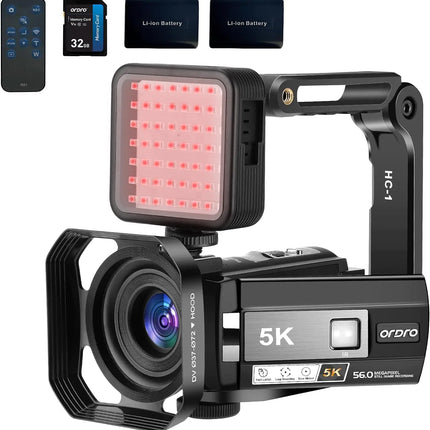 ORDRO 5K Night Vision Camcorder 30MP 24FPS Vlogging Camera 3.0" IPS Touch Screen Digital Camera with IR LightRemote Control Handheld Holder32G Memory Card