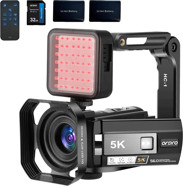 ORDRO 5K Night Vision Camcorder 30MP 24FPS Vlogging Camera 3.0" IPS Touch Screen Digital Camera with IR LightRemote Control Handheld Holder32G Memory Card